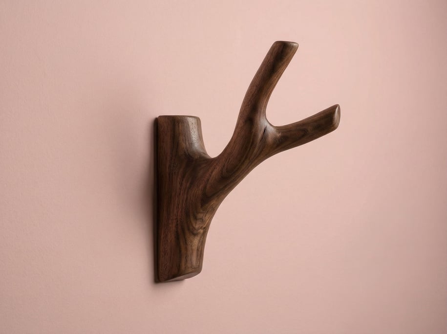Wooden wall-mounted coat hook in walnut shaped like a branch