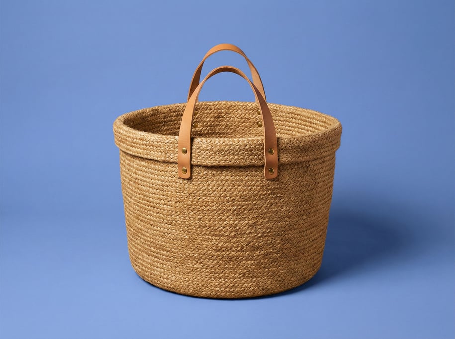 Hand-woven jute basket with rolled edges and leather handles