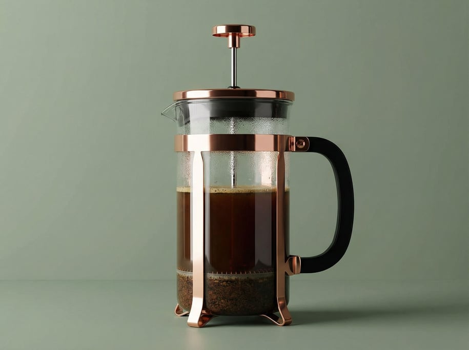 Glass French press coffee maker with a copper frame and plunger