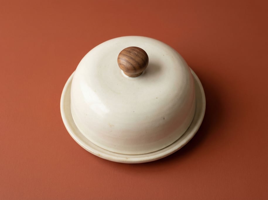 Ceramic butter dish in cream white with a domed lid and wooden knob
