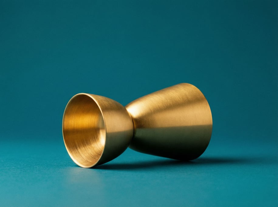Brass cocktail jigger with a matte gold finish and dual measuring cups