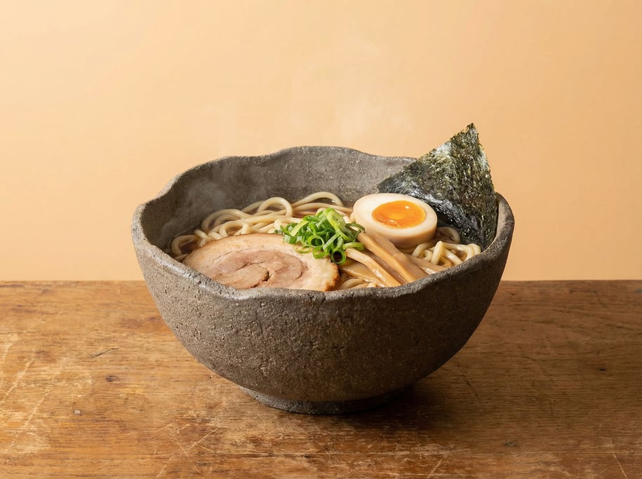 Handmade ramen bowl in textured dark grey clay with an irregular rim