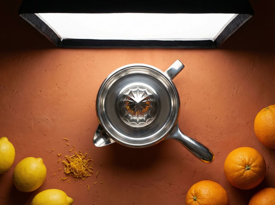Stainless steel citrus juicer with a conical reamer and strainer spout