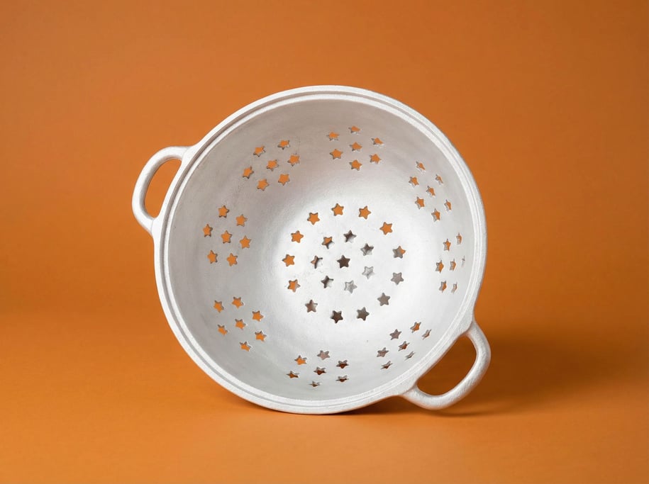 Cast aluminum colander in matte white with star-shaped perforations
