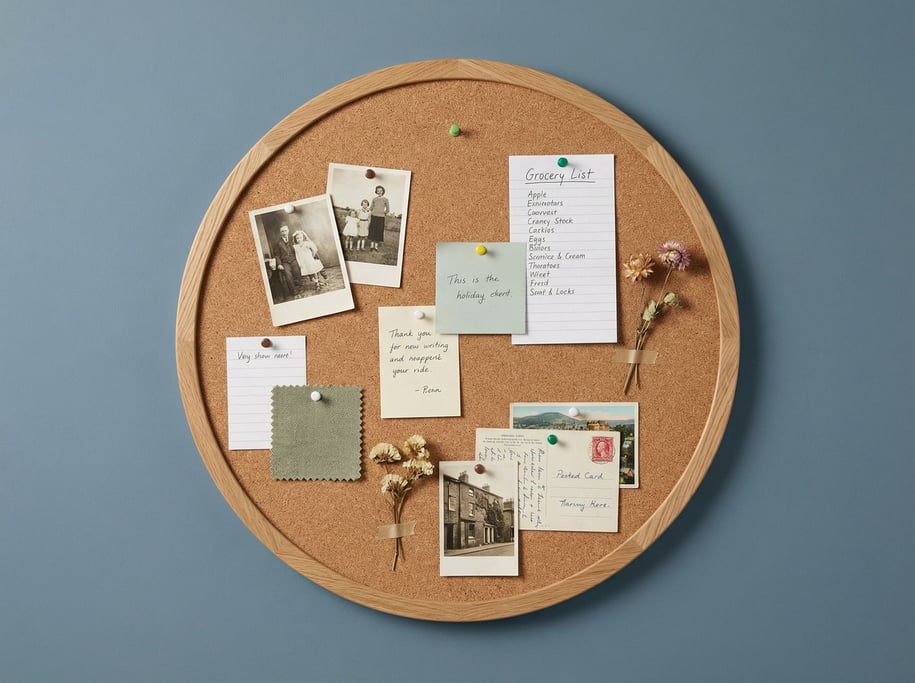 Cork bulletin board in a round shape with a thin oak frame