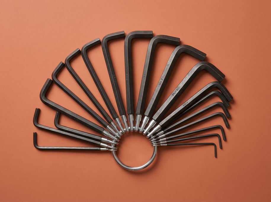 Set of hex Allen keys on a chrome ring, fanned in a sunburst pattern