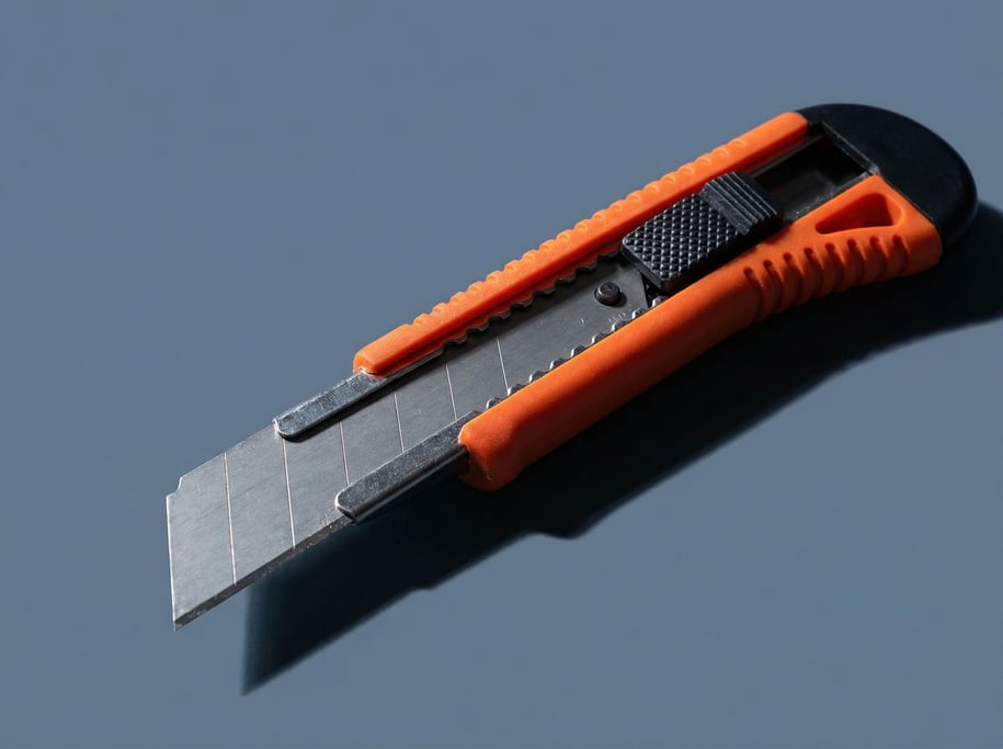 Utility knife with a rubberized orange grip and retractable blade extended