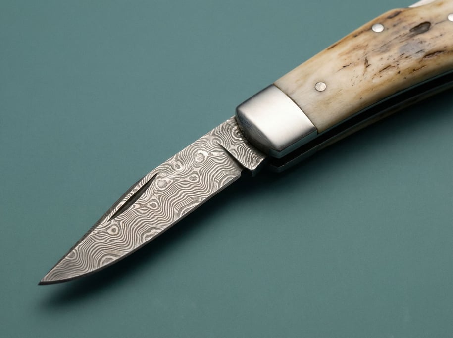 Folding pocket knife with a Damascus steel blade and bone handle scales