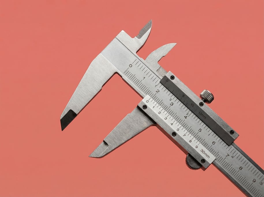 Machinist caliper in brushed stainless steel, jaws open at an angle