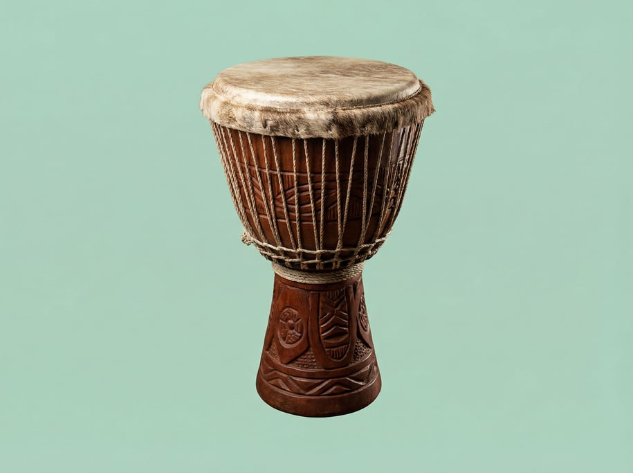 Djembe hand drum with a goatskin head and carved mahogany shell
