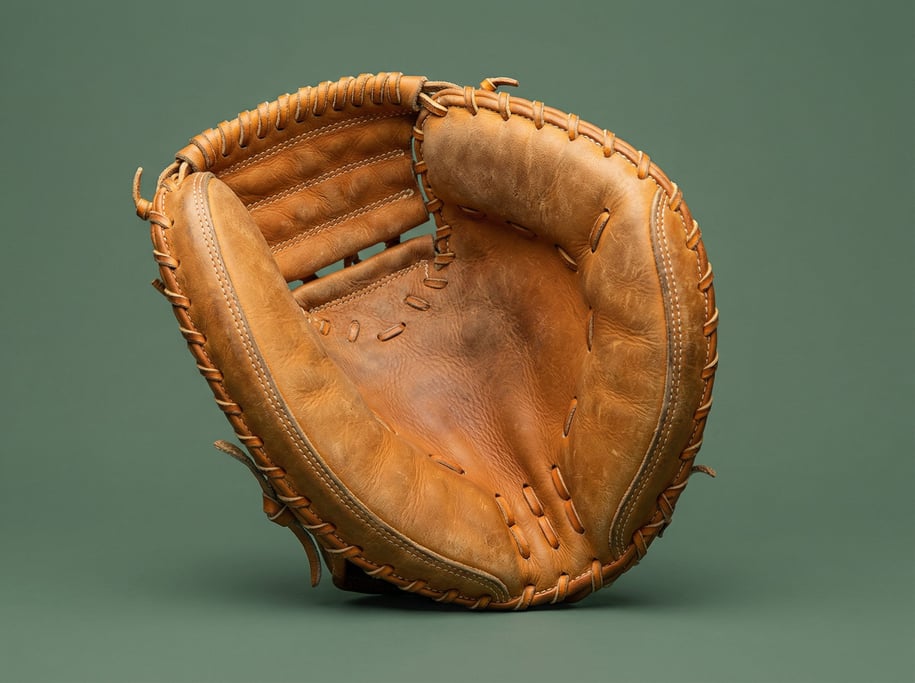 Leather baseball glove in warm tan with deep pocket and visible stitching