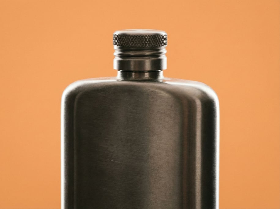 Titanium camping flask with a screw cap in brushed silver, studio rim light defining its form