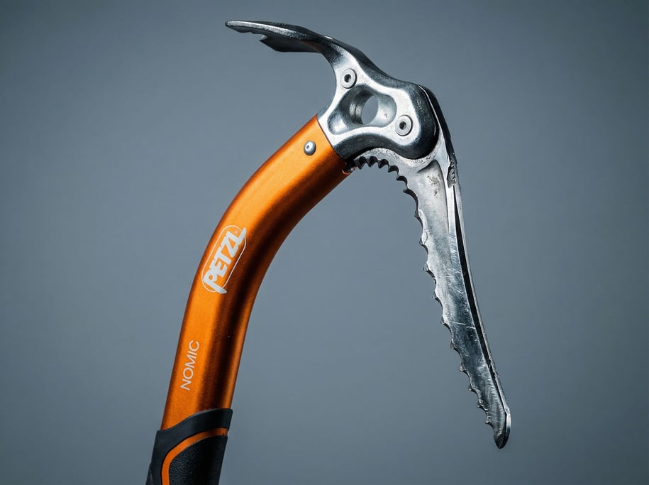 Ice climbing axe with an orange shaft and serrated steel pick, dramatic studio side lighting