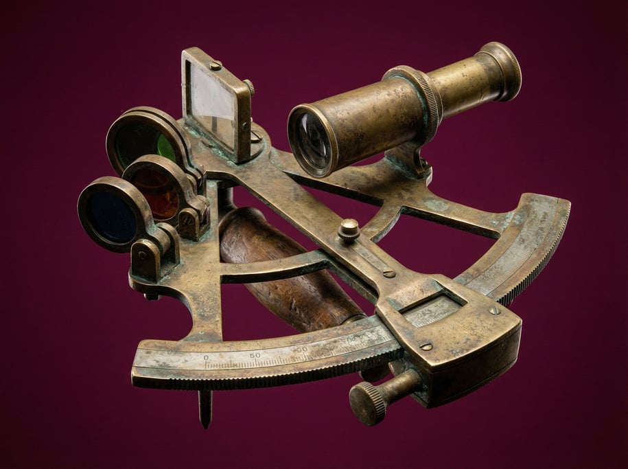 Vintage brass sextant with a patinated arc and telescope