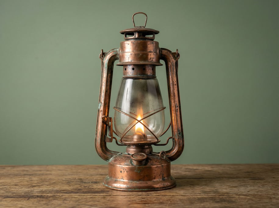 Antique oil lantern in weathered copper with a glass chimney