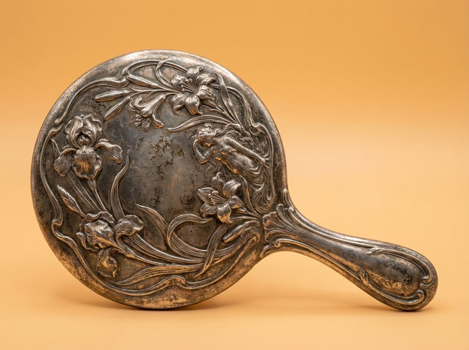 Art nouveau hand mirror in tarnished silver with floral relief on the back