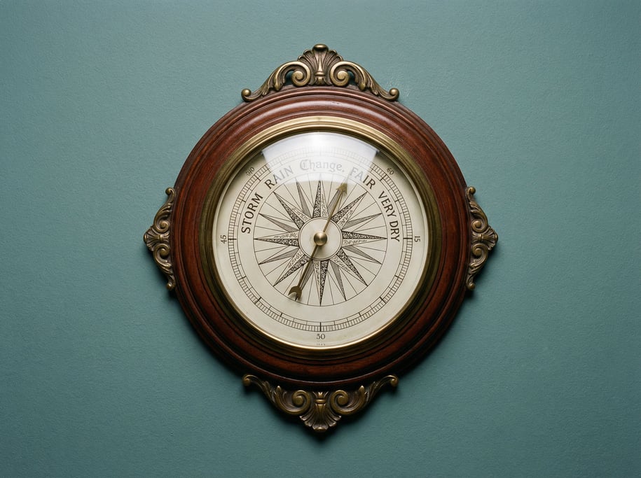 Vintage compass rose wall barometer in mahogany and brass