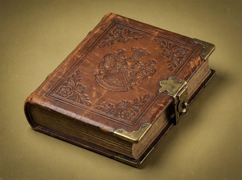 Old leather-bound photo album with brass corner protectors and a clasp