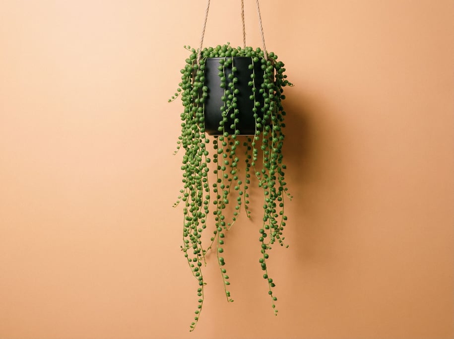 String of pearls succulent trailing from a small hanging planter in matte black