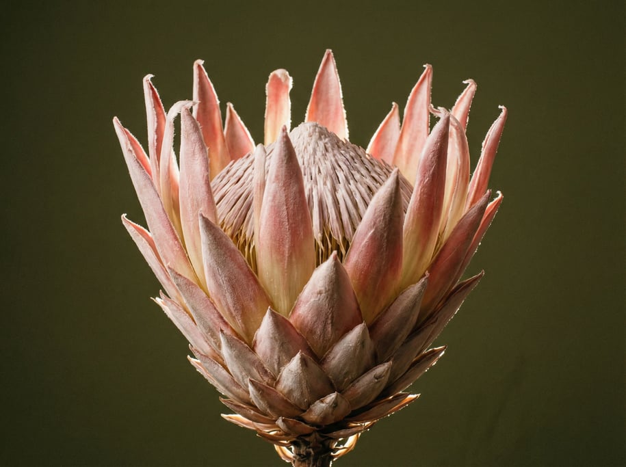 Single dried protea flower head in dusty pink and cream