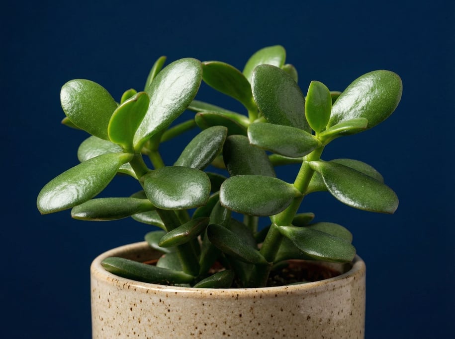 Small jade plant in a speckled beige ceramic pot, glossy leaves catching overhead studio light