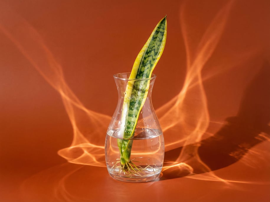 Snake plant leaf cutting in a propagation vase of clear water, studio light creating caustics