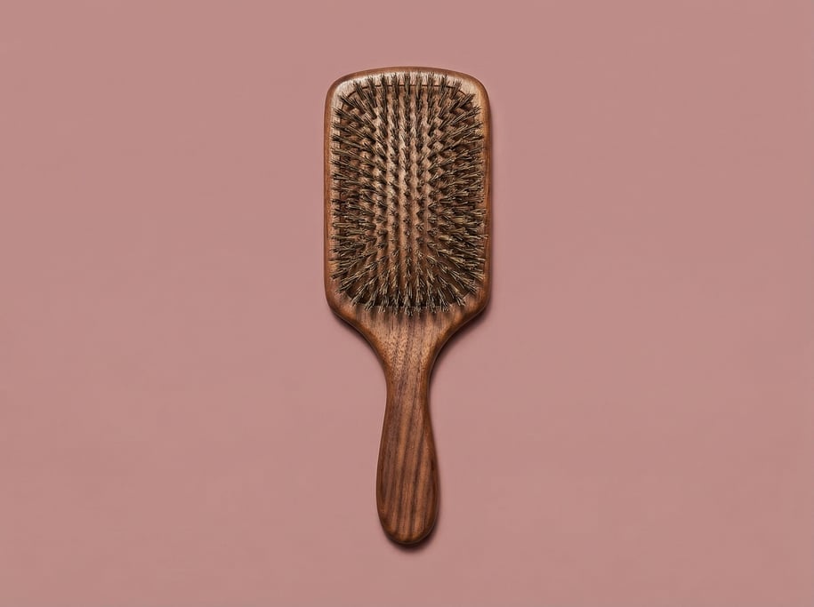 Boar bristle hair brush with a walnut paddle back, overhead studio light revealing the grain