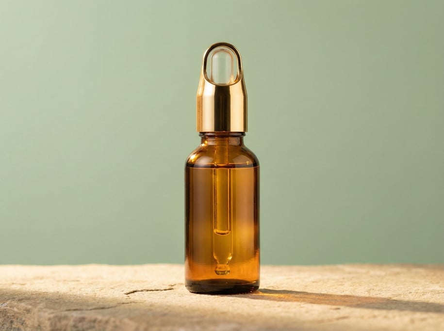 Glass dropper bottle of facial serum in amber with a gold pipette, studio light with warm tones