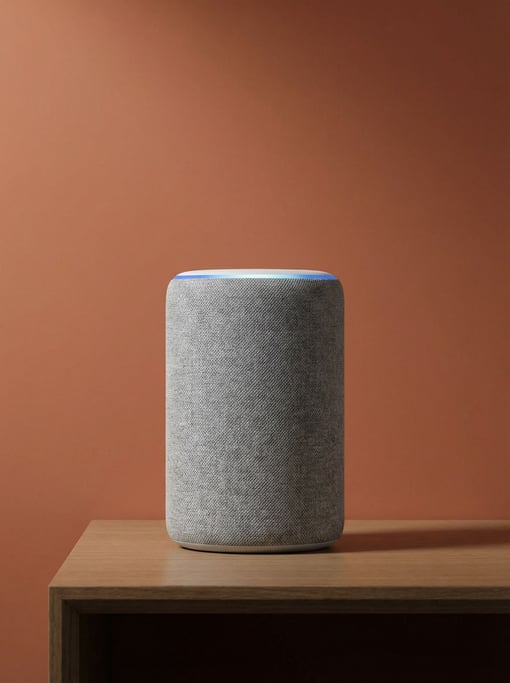 Cylindrical smart speaker in fabric-wrapped stone grey, LED ring visible at top
