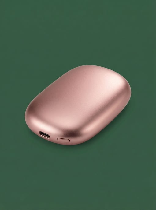 Rechargeable hand warmer in rose gold aluminum, smooth pebble shape