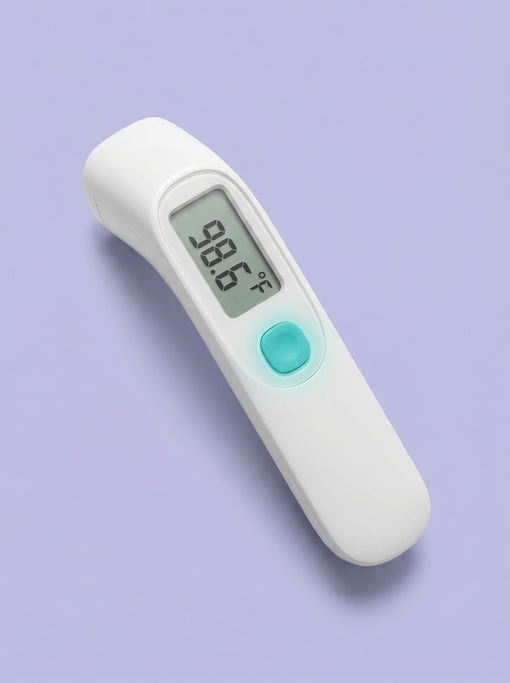 Digital thermometer in sleek white plastic with a teal accent button