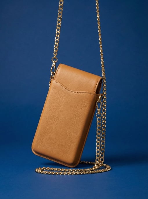 Leather crossbody phone case in camel with a gold chain strap