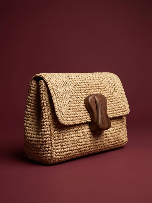 Woven raffia clutch bag in natural straw color with a wooden clasp