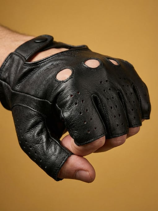 Fingerless leather driving glove in butter-soft black with perforated knuckles