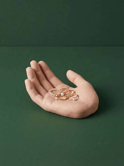 Ceramic ring dish shaped like an open palm in matte blush, soft studio fill light