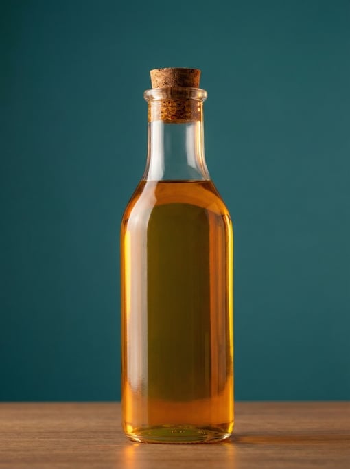 Tall glass oil cruet with a cork stopper and golden olive oil inside