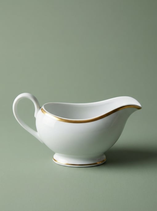 Porcelain gravy boat in classic white with a single gold stripe