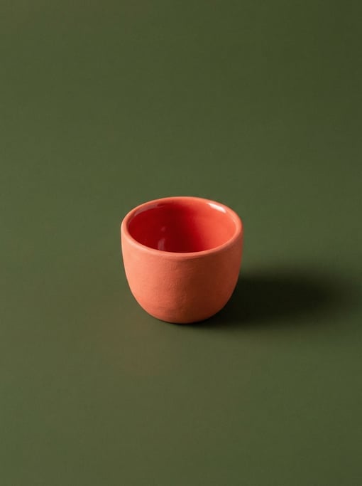 Ceramic egg cup in matte coral with a glossy interior, small and centered