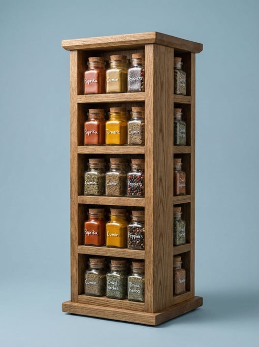 Wooden spice rack tower with small glass jars filled with colorful spices