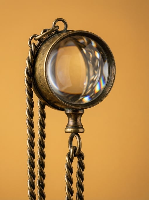 Brass magnifying loupe on a chain, studio macro shot with light bending through the lens