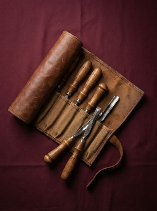 Set of wood carving chisels in a leather tool roll, partially unrolled