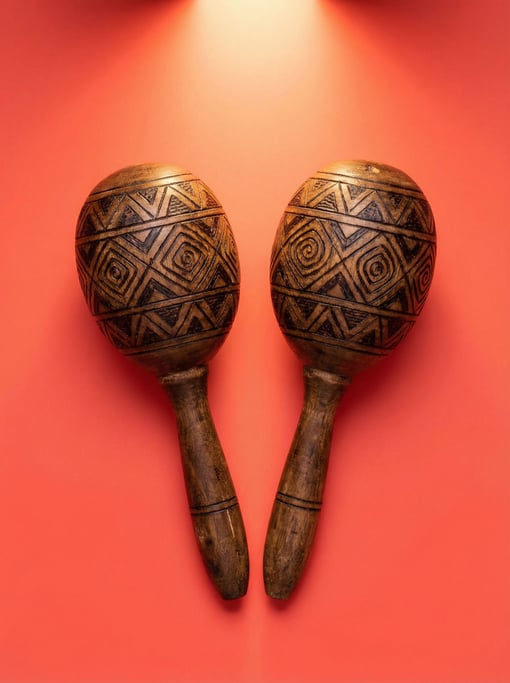 Hand-crafted wooden maracas with burned geometric patterns, studio key light from above