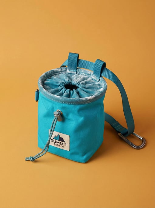 Rock climbing chalk bag in bright teal with a drawstring closure and belt loop