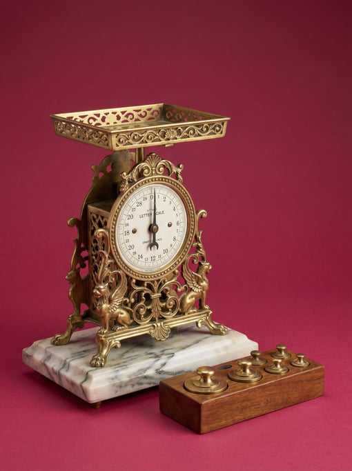 Ornate brass letter scale with a marble base and graduated weights