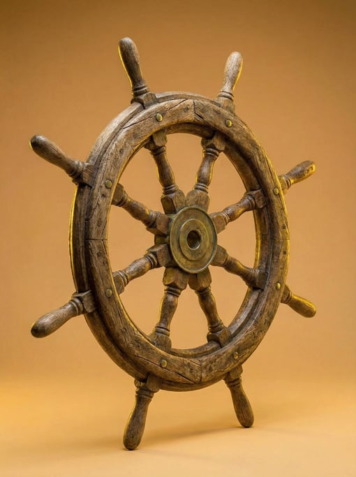 Antique ship wheel in weathered teak with brass hub and spoke caps