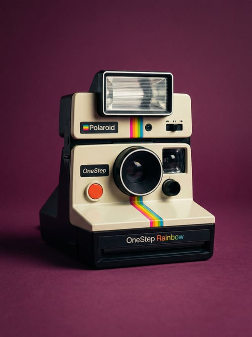 Polaroid instant camera in retro cream and rainbow stripe, studio key light from the left