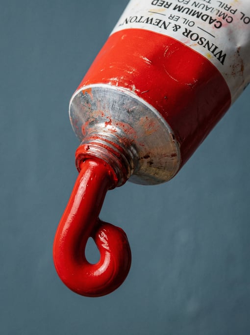 Large tube of cadmium red oil paint, slightly squeezed with a curl of paint at the nozzle