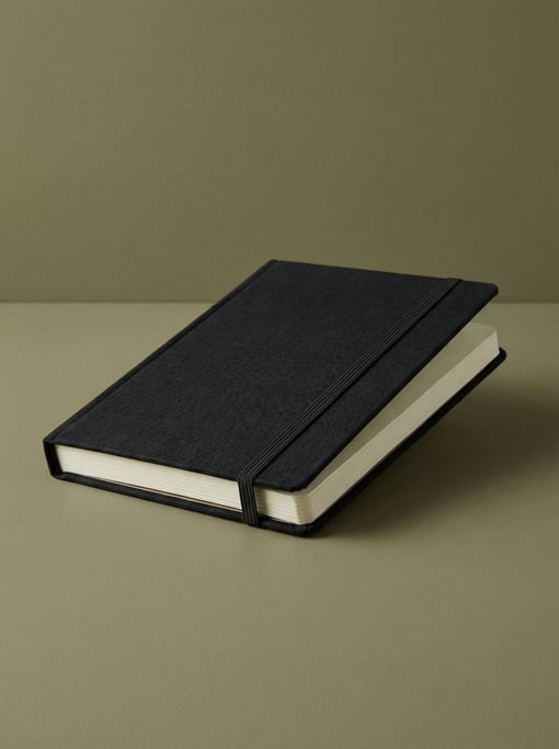 Hardbound sketchbook with a black linen cover and elastic closure