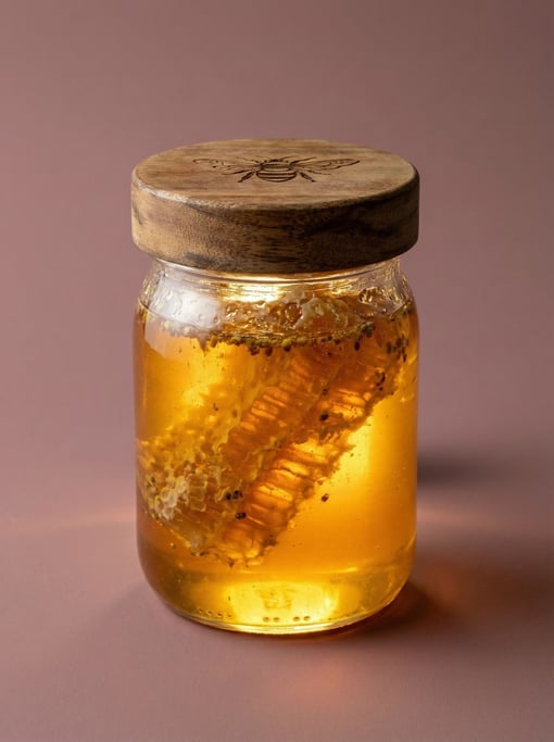 Jar of raw wildflower honey with a wooden lid and a visible golden liquid inside