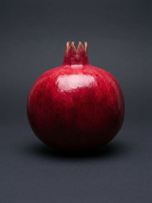 Single ripe pomegranate with deep crimson skin and a crown